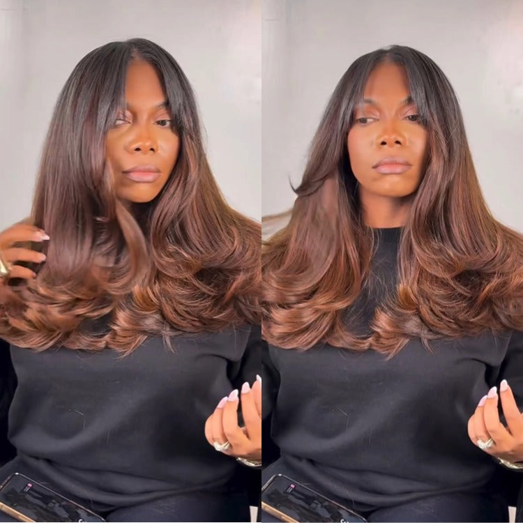 Ombre Auburn Brown Layered Blowout Wig Big Feathered Ends Natural Look Lace Wig - Rafarada