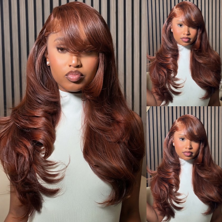 Auburn and Copper Balayage Body Wave Lace Front Human Hair Wig with Face-Framing Layers and Bangs- Rafarada