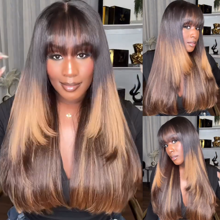 Auburn and Honey Ombre Straight Human Hair Wig with Wispy Bangs - Sleek and Layered- Rafarada