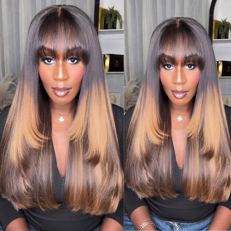 Auburn and Honey Ombre Straight Human Hair Wig with Wispy Bangs - Sleek and Layered- Rafarada