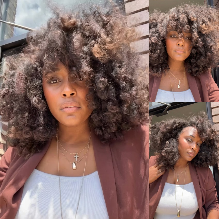 Voluminous Big Bouncy Curly Human Hair Wig with Bangs Ombre Dark Brown Highlights Afro Coily Wig- Rafarada