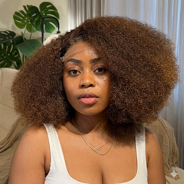 Big Bouncy Afro Curly Human Hair Lace Wig Medium Brown 4C Texture Glueless Lace Wig for Women- Rafarada