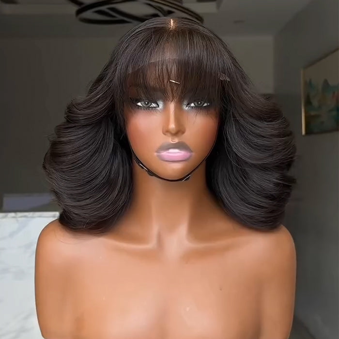 Pre-cut Lace Front Human Hair Wigs with Bangs Natural Black Big Bouncy Body Wave Glueless Wig for Women - Rafarada