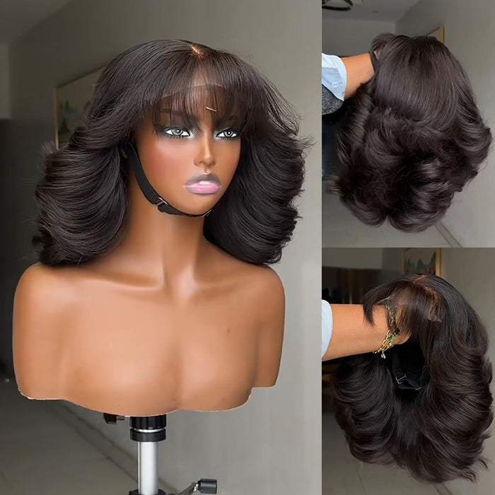 Pre-cut Lace Front Human Hair Wigs with Bangs Natural Black Big Bouncy Body Wave Glueless Wig for Women - Rafarada