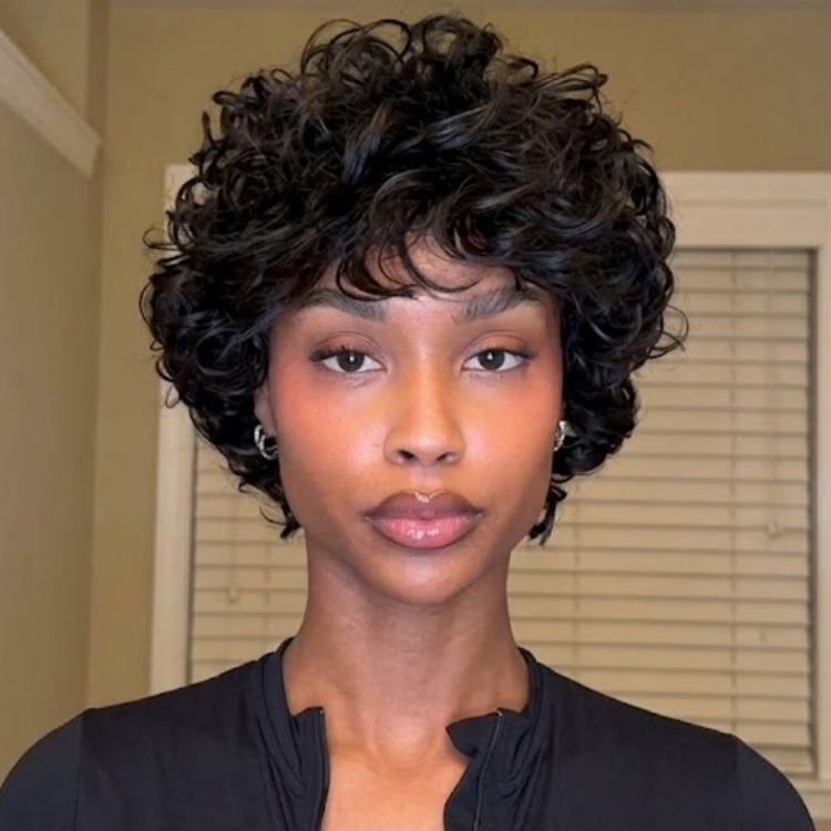 Black Short Layered Pixie Human Hair Wig - Bouncy Afro Spiral Curls - Glueless Easy Wear - Rafarada