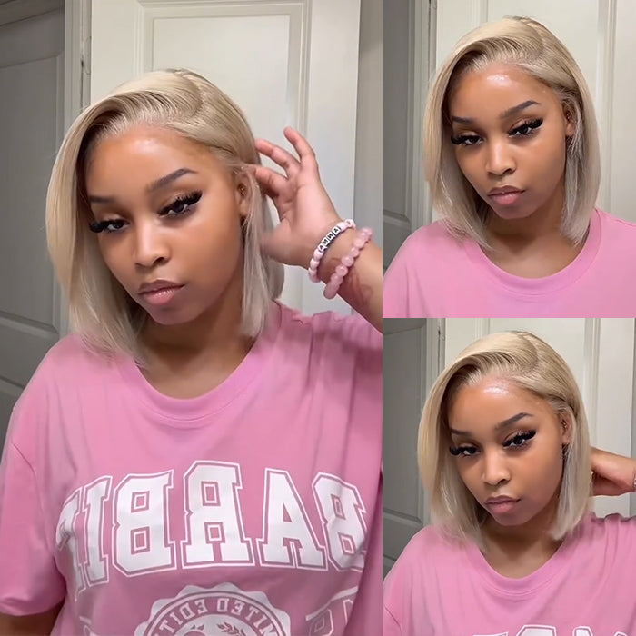 Glueless Platinum Blonde Straight Bob Wig  Pre-Plucked HD Lace Front Hair Side Part Short Lace Front Wig- Rafarada
