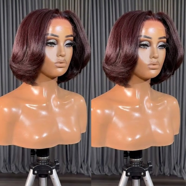 Burgundy Auburn Layered Bob Wig with Soft End Curls – Silky Blowout Style Lace Front Human Hair Wig- Rafarada