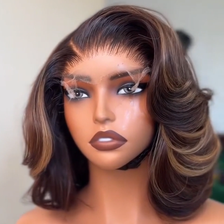 Bold Honey Blonde Piano Highlights Chocolate Brown Layered Bob Wig Bouncy Voluminous Waves Pre-plucked HD Lace Human Hair- Rafarada