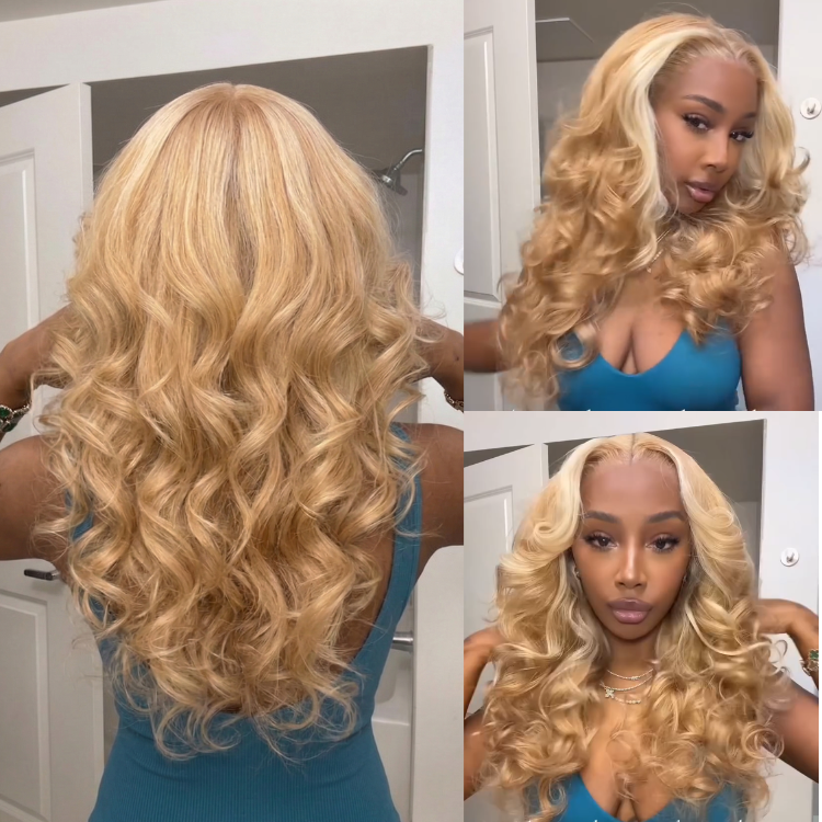Champagne Blonde Voluminous Loose Curls Wig with Shadow Roots Layered Human Hair Lace Front Wig- Rafarada