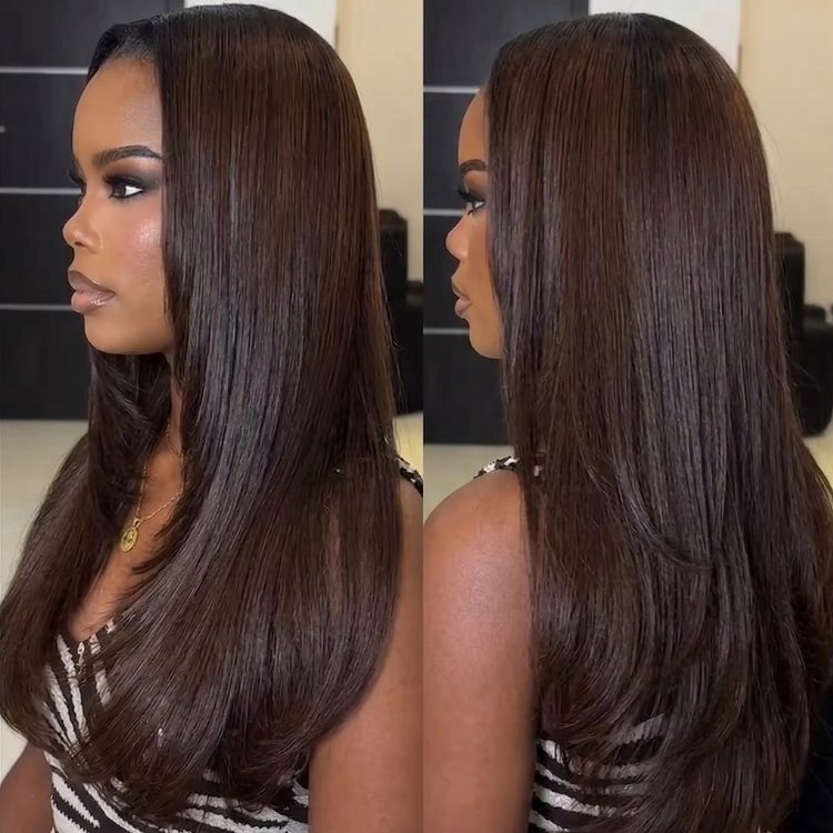 Rich Mocha Brown Highlighted Body Wave Lace Front Wig - Soft & Silky Human Hair Ombre Wig - Bouncy Large Curls for Women- Rafarada
