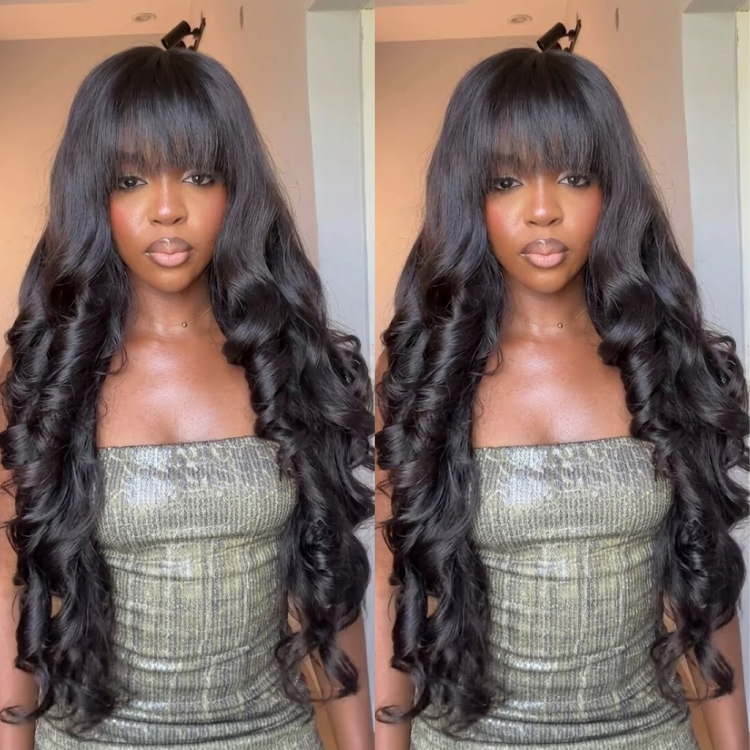 Glueless Natural Black Voluminous Deep Body Wave Human Hair Wig with Soft Layered Face-Framing Bangs- Rafarada
