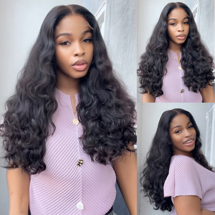 Natural Black Body Wave Human Hair Lace Front Wig Extra Thick S-Curl Pre-Plucked with Baby Hair - Rafarada