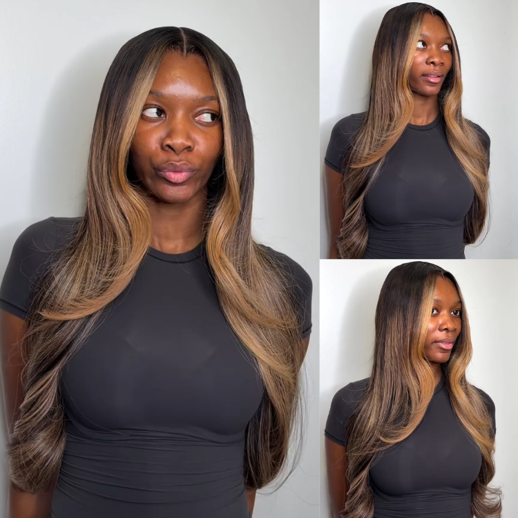 Long Body Wave Dark Brown Human Hair Wig with Blonde Face-Framing Ombré-style Highlights and Soft End Curls - Rafarada