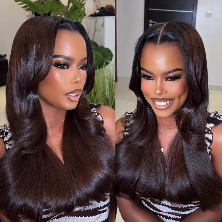 Rich Mocha Brown Highlighted Body Wave Lace Front Wig - Soft & Silky Human Hair Ombre Wig - Bouncy Large Curls for Women- Rafarada