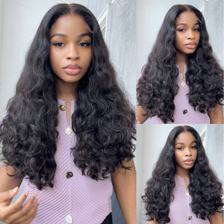 Natural Black Body Wave Human Hair Lace Front Wig Extra Thick S-Curl Pre-Plucked with Baby Hair - Rafarada