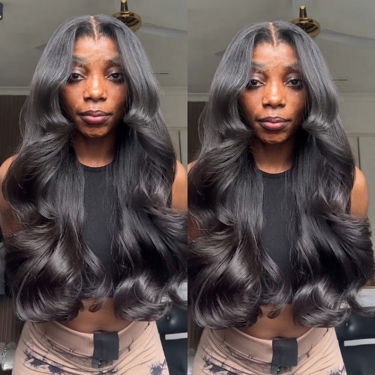 Jet Black Body Wave Human Hair Lace Front Wig - Voluminous Loose Waves- Rafarada