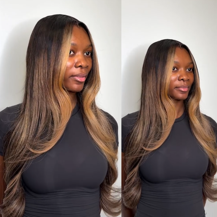 Long Body Wave Dark Brown Human Hair Wig with Blonde Face-Framing Ombré-style Highlights and Soft End Curls - Rafarada