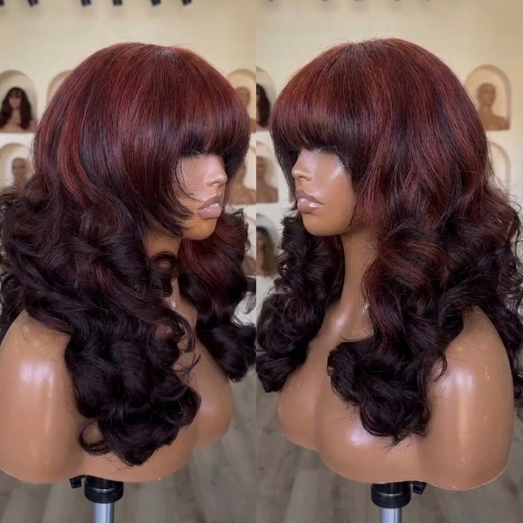 Vibrant Burgundy Red Ombre Body Wave Human Hair Wig with Bangs Two Tone Black and Red Voluminous Bouncy Wave Wig- Rafarada