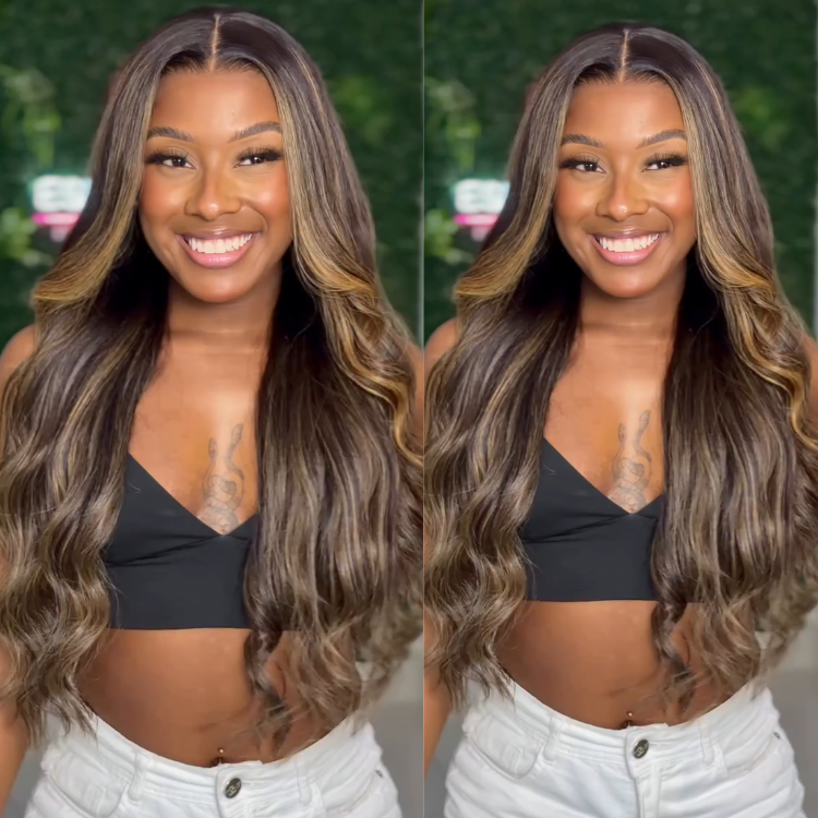 Brown Balayage Body Wave Lace Wig with Blonde Highlights High Density Human Hair - Rafarada