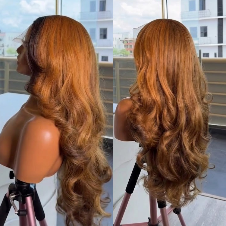 Luxury Voluminous Body Wave Wig ¨C Radiant Caramel Copper Ombre | 100% Human Hair, High-Definition Bouncy Curls, Glueless Lace Front- Rafarada