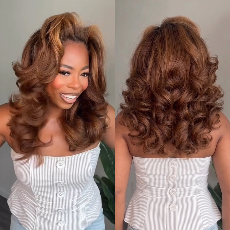 Glueless Pre-Plucked Caramel Brown Mix Bouncy Curls Human Hair Lace Front Wig - Pre-Cut Transparent Lace Wavy Wig for Women- Rafarada