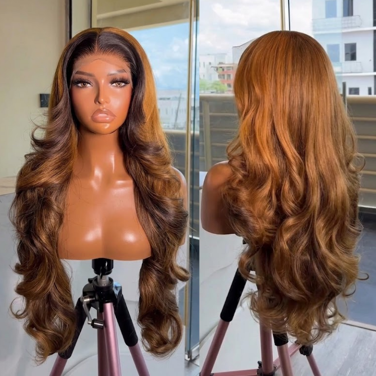 Luxury Voluminous Body Wave Wig ¨C Radiant Caramel Copper Ombre | 100% Human Hair, High-Definition Bouncy Curls, Glueless Lace Front- Rafarada