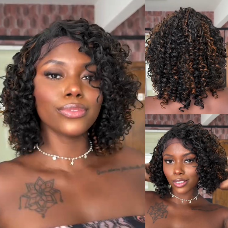 Curly Bob Wig Black with Subtle Caramel Highlights HD Lace Front Human Hair Wig - Rafarada