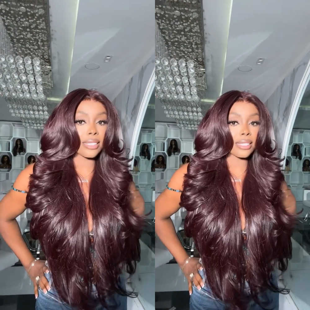 Body Wave Wig 99J Burgundy Color 100% Human Hair Glueless Free Part Lace Front Wig - Rafarada