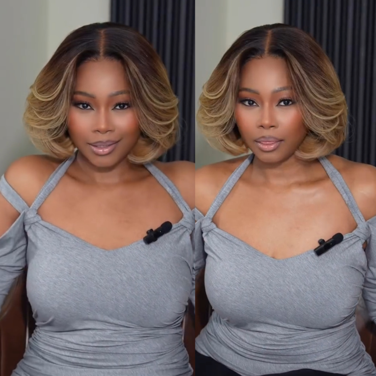 Short Ombre Honey Blonde Bouncy Bob Wig Glueless Lace Wig for Black Women - Rafarada