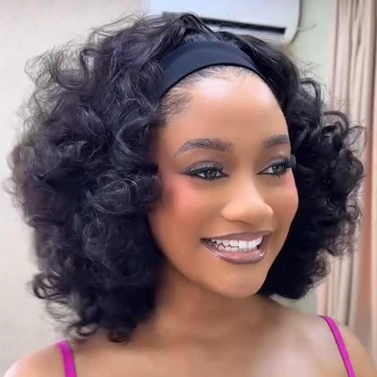 Natural Black Voluminous Loose Curl Headband Wig - Bouncy Body Wave Curly Human Hair Wig Extra Thick Glueless Throw and Go Wig for Black Women- Rafarada