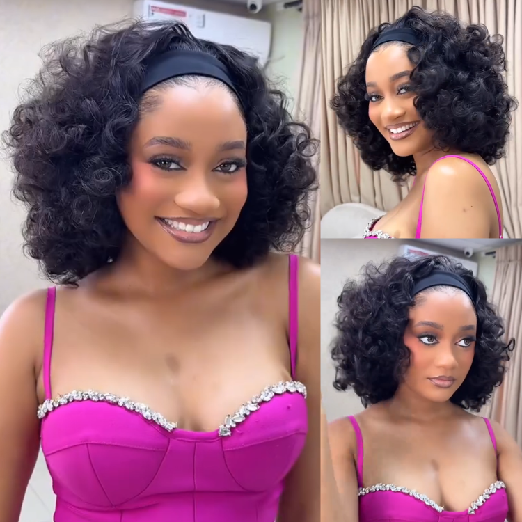 Natural Black Voluminous Loose Curl Headband Wig - Bouncy Body Wave Curly Human Hair Wig Extra Thick Glueless Throw and Go Wig for Black Women- Rafarada