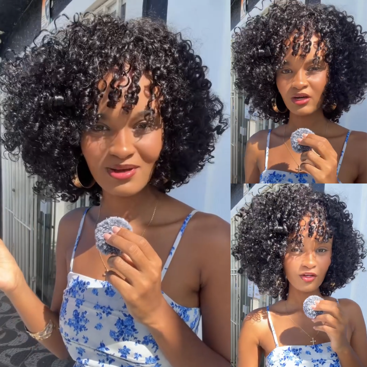 Super Defined Bouncy Kinky Coily Human Hair Wig with Bangs Glueless 100% Remy Human Hair Wig Natural Black Afro Textured High Density Wig- Rafarada