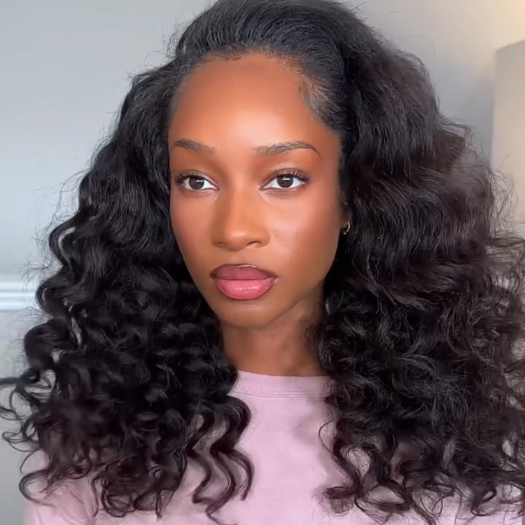 Natural Black Voluminous Water Wave Half Wig Bouncy Loose Curly Human Hair Half Wig - Rafarada