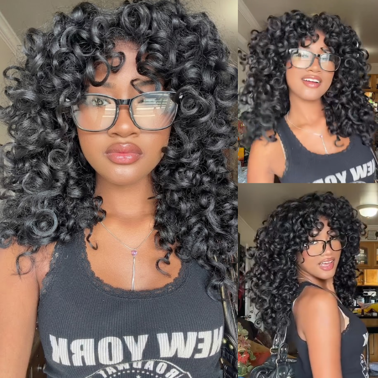 Jet Black Natural 1B Voluminous Bouncy Spiral Curls Wig with Bangs – Glueless Ringlet Curly Human Hair Wig- Rafarada
