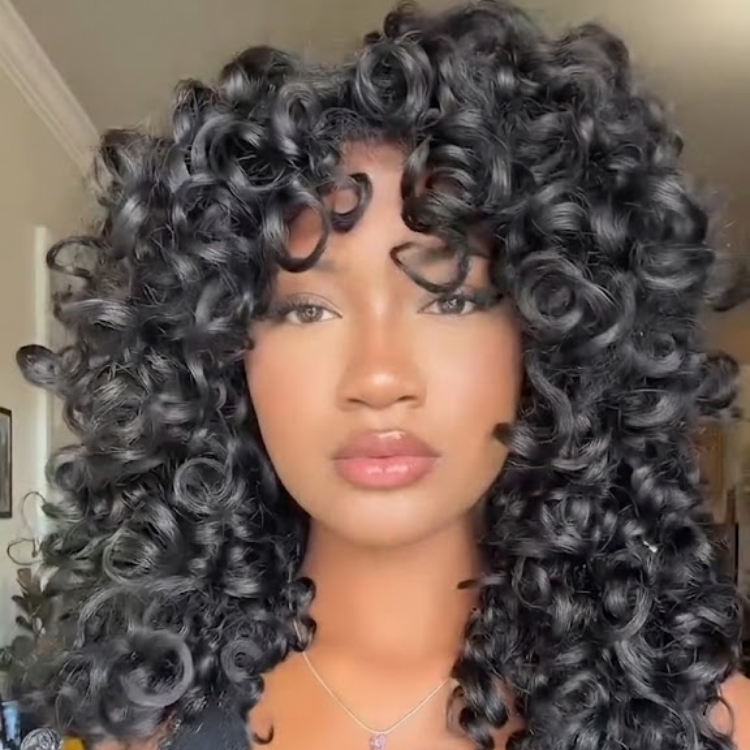 Jet Black Natural 1B Voluminous Bouncy Spiral Curls Wig with Bangs – Glueless Ringlet Curly Human Hair Wig- Rafarada