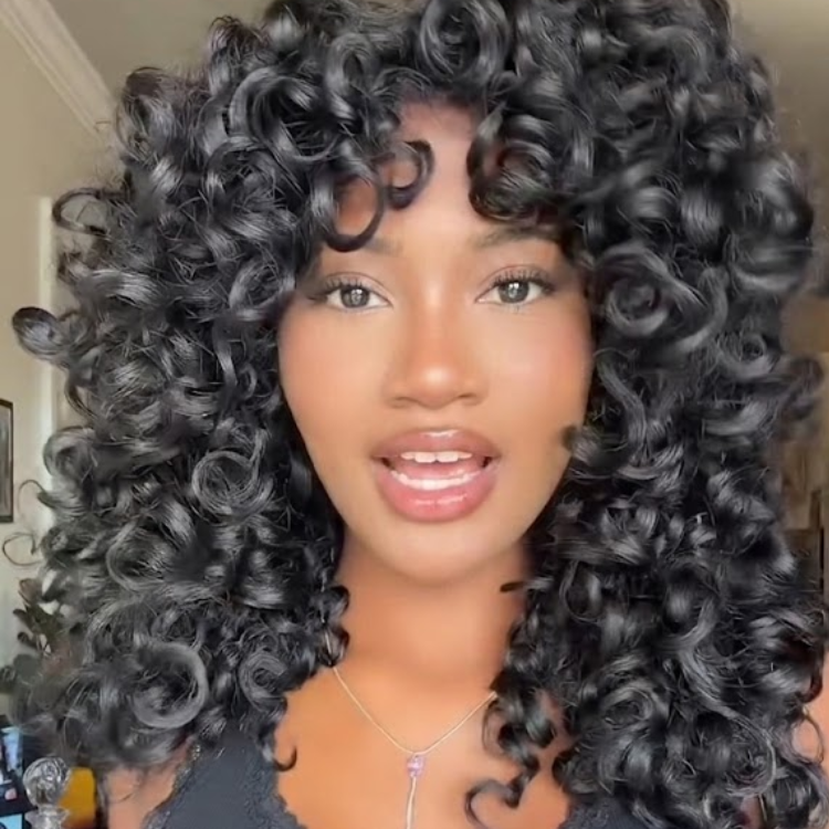 Jet Black Natural 1B Voluminous Bouncy Spiral Curls Wig with Bangs – Glueless Ringlet Curly Human Hair Wig- Rafarada