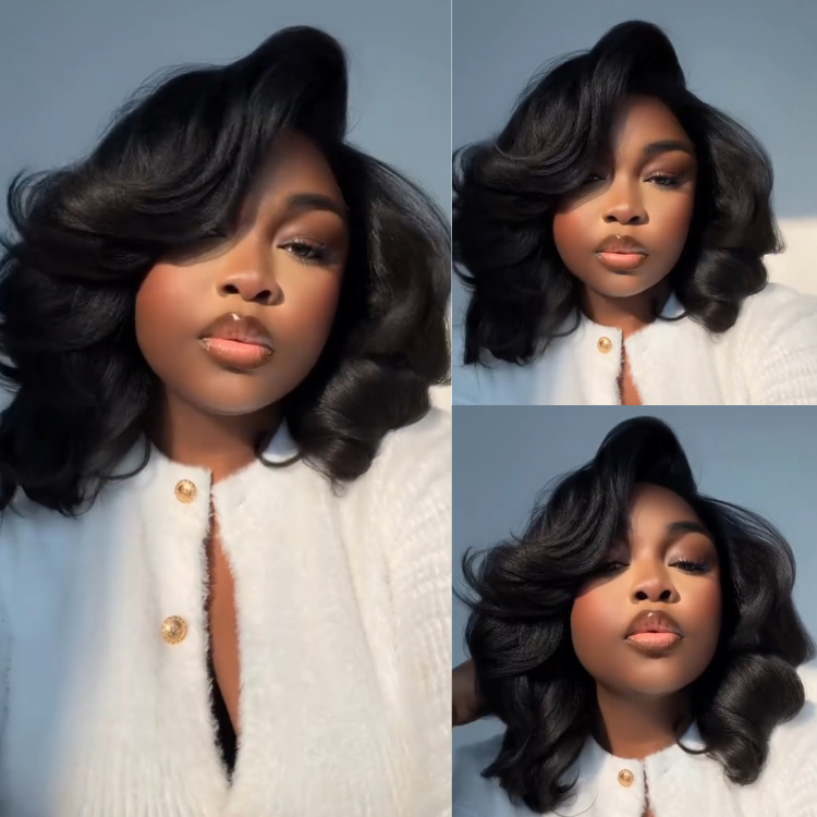 Bouncy Blowout Kinky Straight Lace Front Human Hair Wigs Pre-plucked Layered Yaki Straight Wigs for Women Natural Black - Rafarada