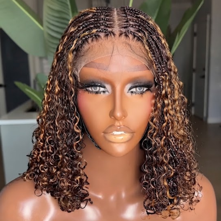 Highlight Color Braided Curly Wave Human Hair Wig With Box Braids Lace Wig Pre Braiding Wig - Rafarada