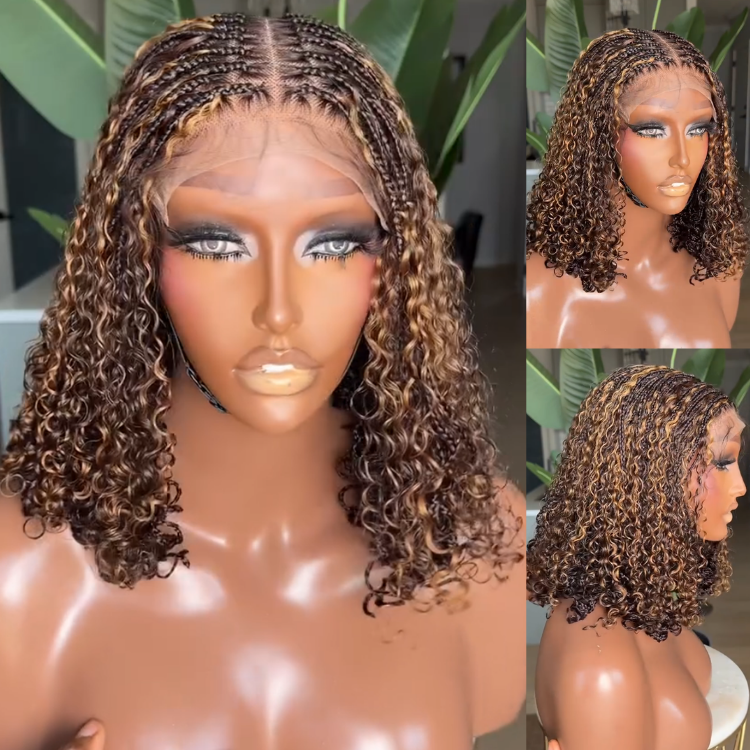 Highlight Color Braided Curly Wave Human Hair Wig With Box Braids Lace Wig Pre Braiding Wig - Rafarada