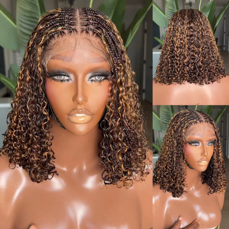 Highlight Color Braided Curly Wave Human Hair Wig With Box Braids Lace Wig Pre Braiding Wig - Rafarada