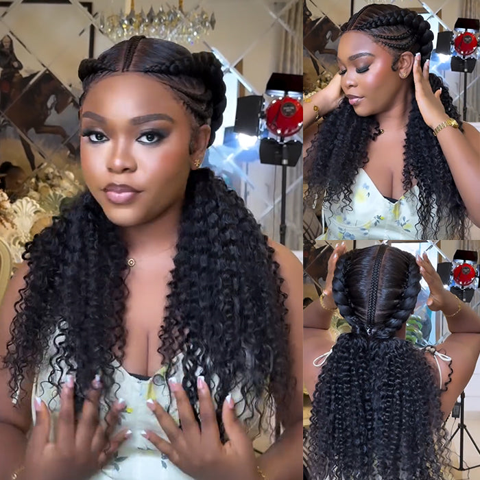 Full Lace Braided Cornrow Wig with Water Wave Ponytail Natural Hairline - Rafarada