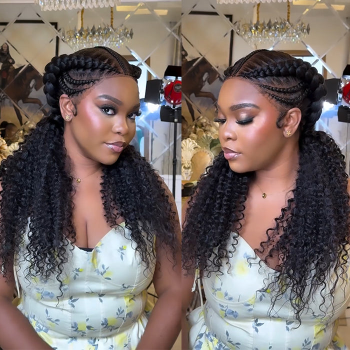 Full Lace Braided Cornrow Wig with Water Wave Ponytail Natural Hairline - Rafarada