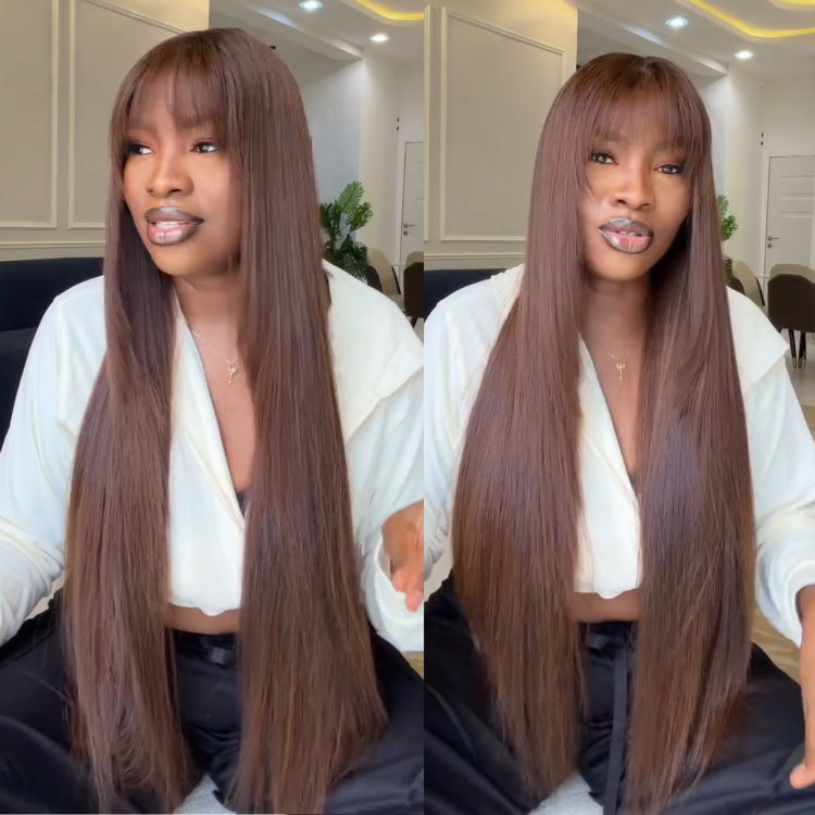 Dark Warm Brown Long Straight Human Hair Wig Glueless Lace Front Brown Straight Hair Wig with Bangs- Rafarada