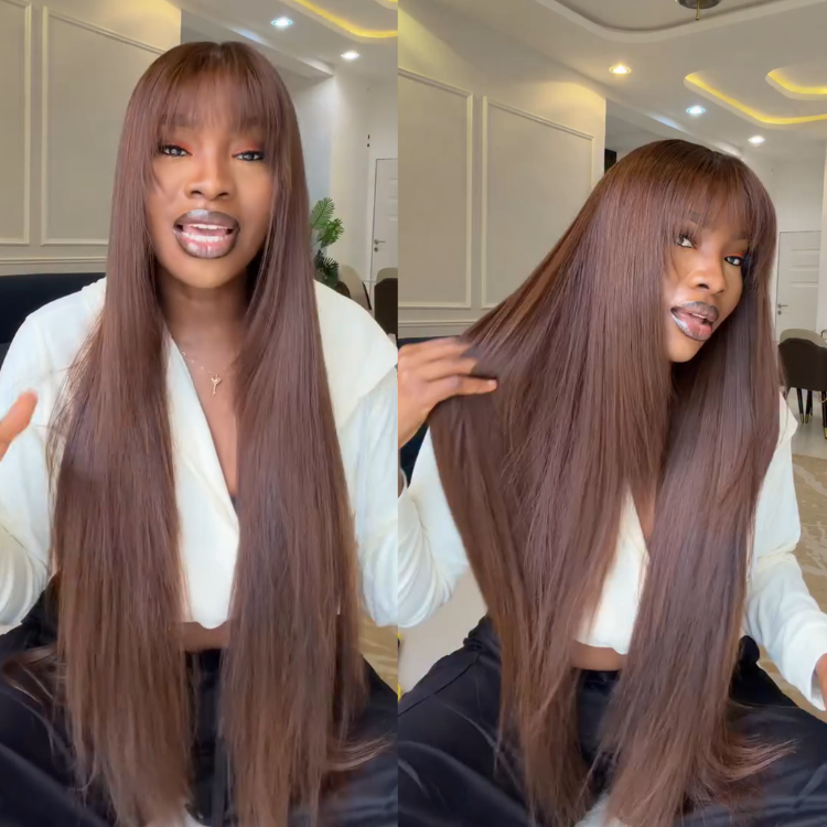 Dark Warm Brown Long Straight Human Hair Wig Glueless Lace Front Brown Straight Hair Wig with Bangs- Rafarada