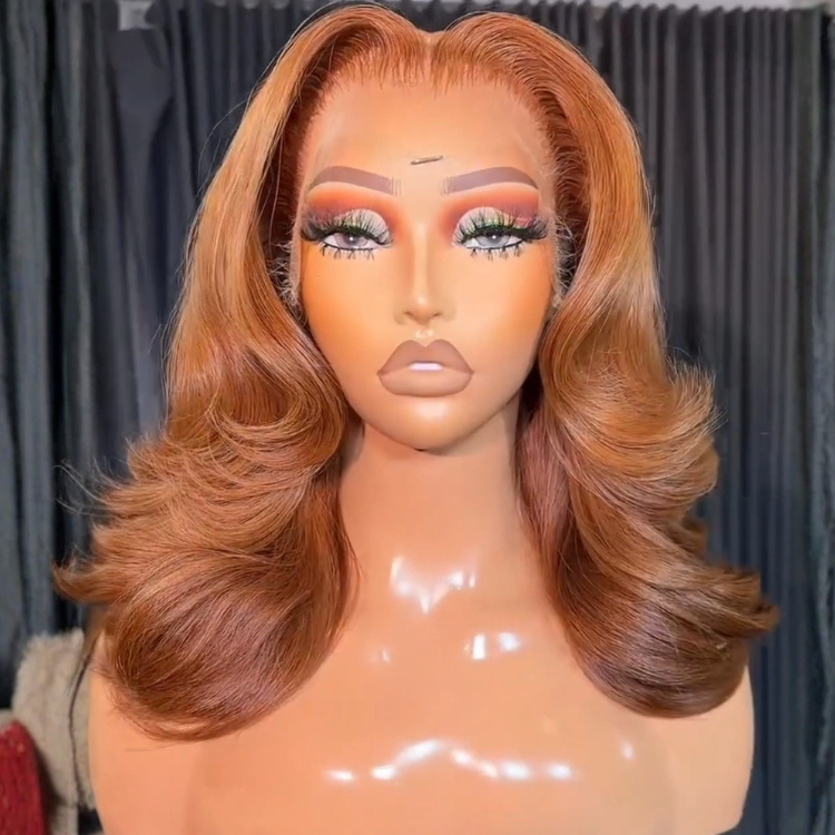 Caramel Honey Brown Layered Wig with Soft Body Waves Human Hair Lace Front Pre-Plucked Glueless Side Part Wig- Rafarada