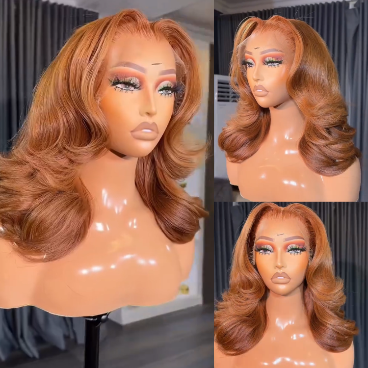 Caramel Honey Brown Layered Wig with Soft Body Waves Human Hair Lace Front Pre-Plucked Glueless Side Part Wig- Rafarada