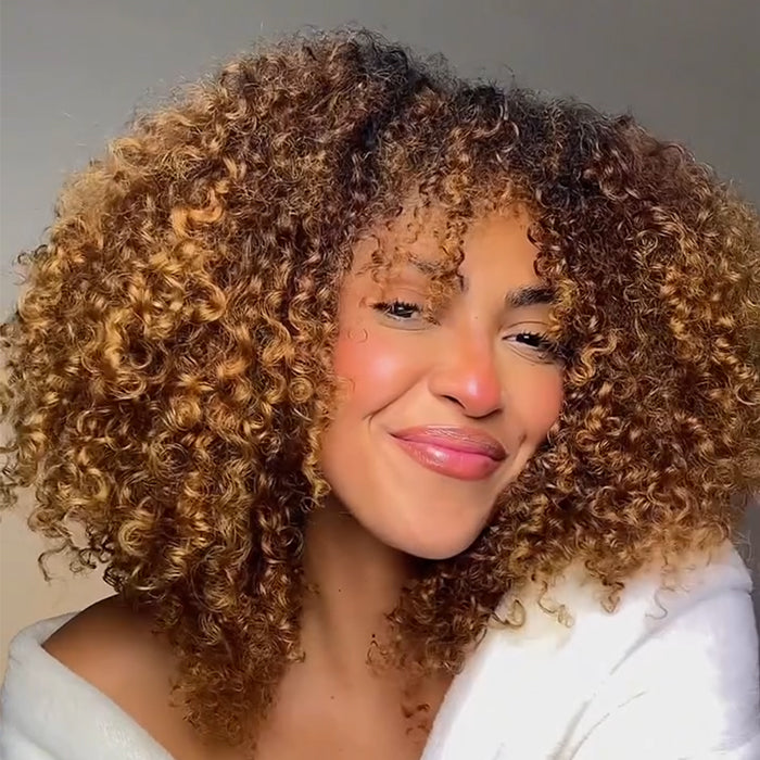 Luxury Honey Blonde Highlight Jerry Curly Wig with Bangs, Short Curly Bob Glueless Style for Women - Rafarada