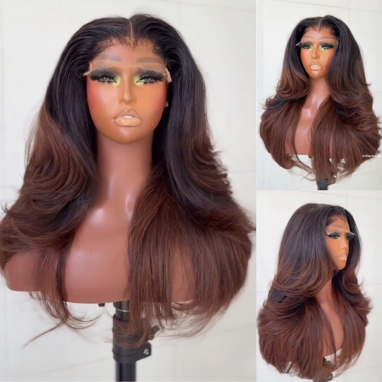 Deep Chocolate Brown Ombre Body Wave Wig ¨C Big Bouncy Layered Curls with Natural Flow | Glueless 100% Human Hair Lace Wig- Rafarada
