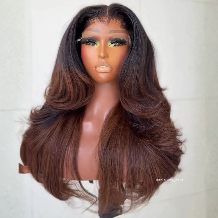 Deep Chocolate Brown Ombre Body Wave Wig ¨C Big Bouncy Layered Curls with Natural Flow | Glueless 100% Human Hair Lace Wig- Rafarada
