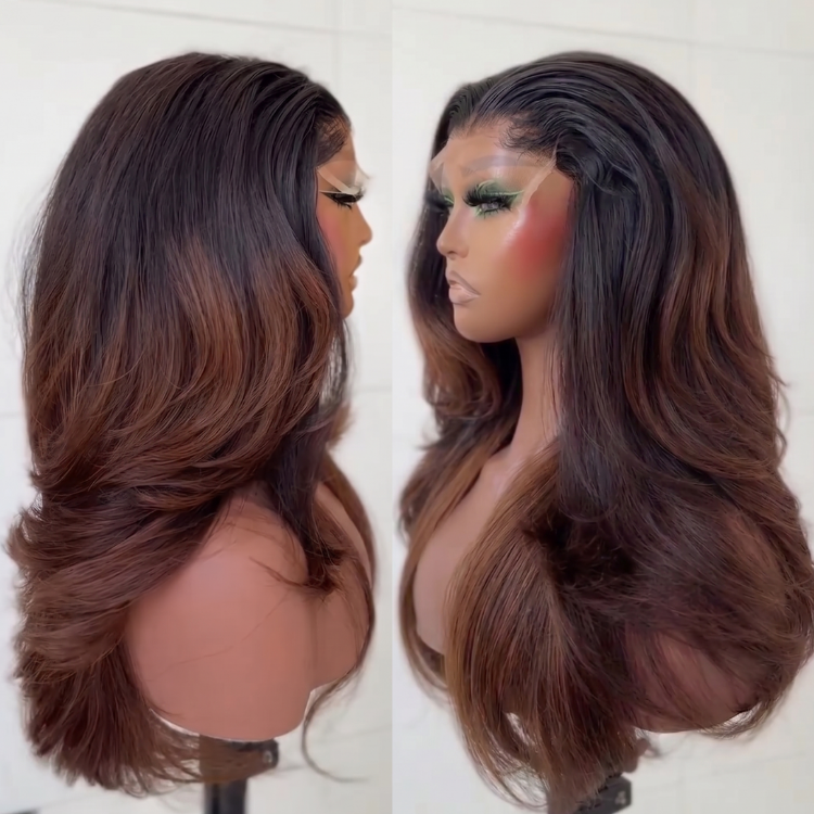 Deep Chocolate Brown Ombre Body Wave Wig ¨C Big Bouncy Layered Curls with Natural Flow | Glueless 100% Human Hair Lace Wig- Rafarada